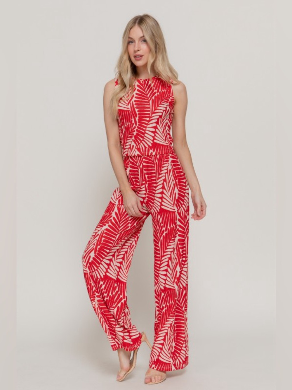 Active Basic Red and Cream Leaf-Print Wide-Leg set